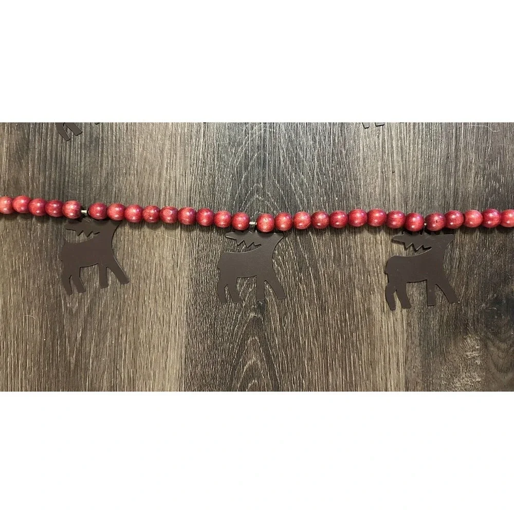 Lot 4 Red Wooden Bead Garland w/ Metal Reindeer Chistmas Trees Log Cabin Country